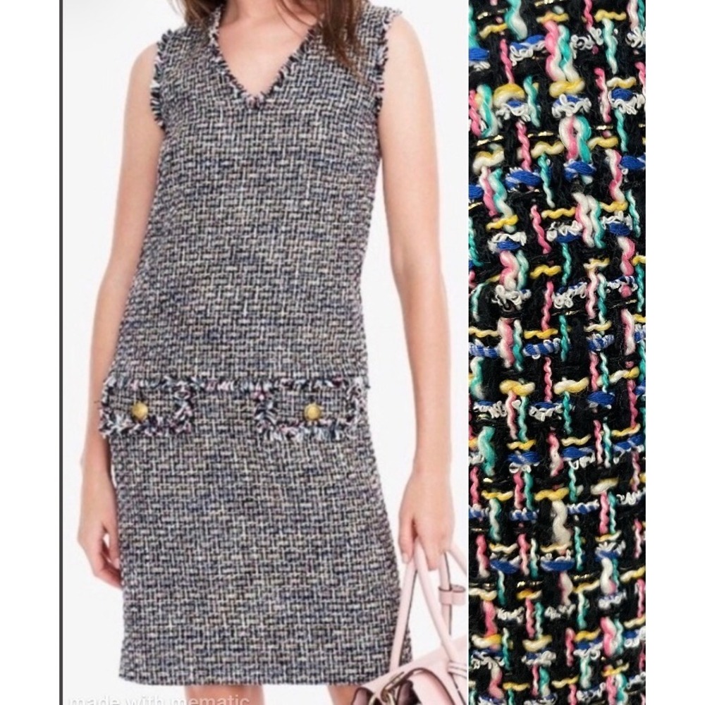 J.Crew Size 2 Sleeveless Tweed Drop Waist Dress Black Multi Fringe Trim Chic